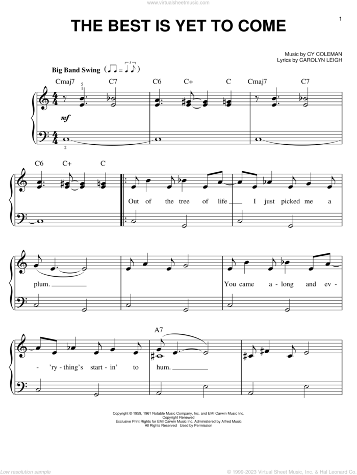 The Best Is Yet To Come sheet music for piano solo by Cy Coleman and Carolyn Leigh, easy skill level