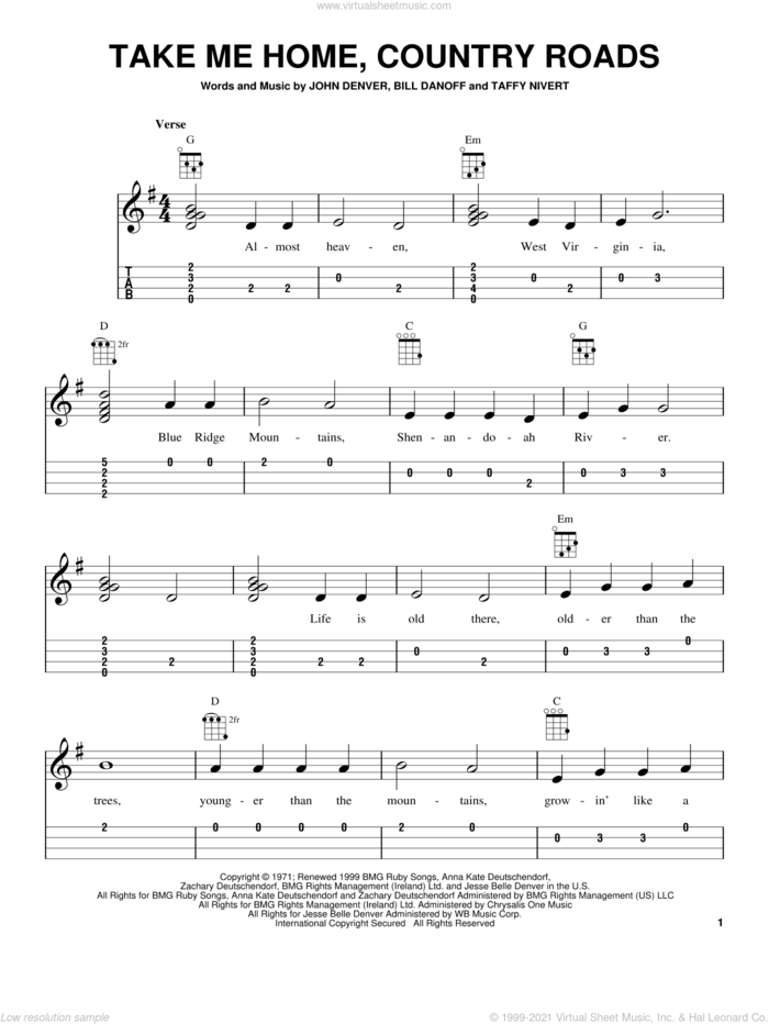 Take Me Home, Country Roads sheet music for ukulele (easy tablature) (ukulele easy tab) by John Denver, intermediate skill level