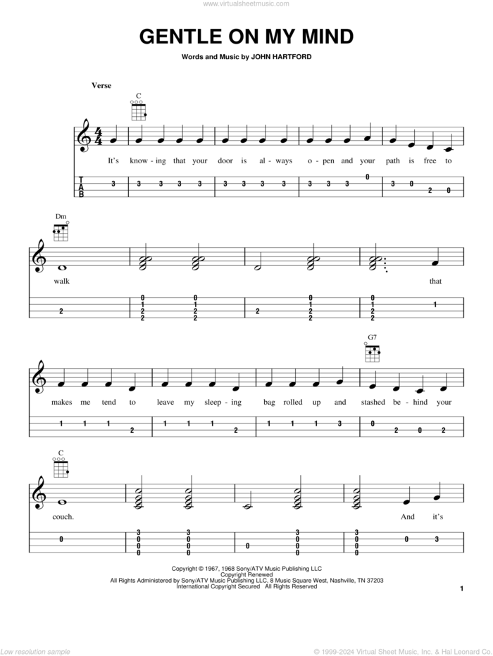 Gentle On My Mind sheet music for ukulele (easy tablature) (ukulele easy tab) by Glen Campbell and John Hartford, intermediate skill level