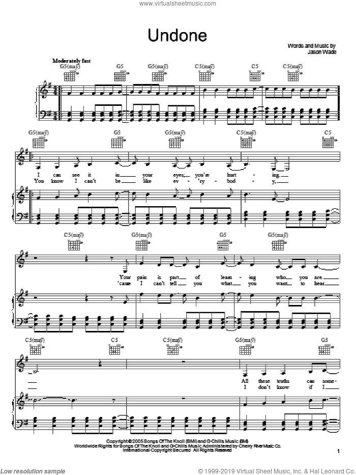 Undone sheet music for voice, piano or guitar by Lifehouse and Jason Wade, intermediate skill level