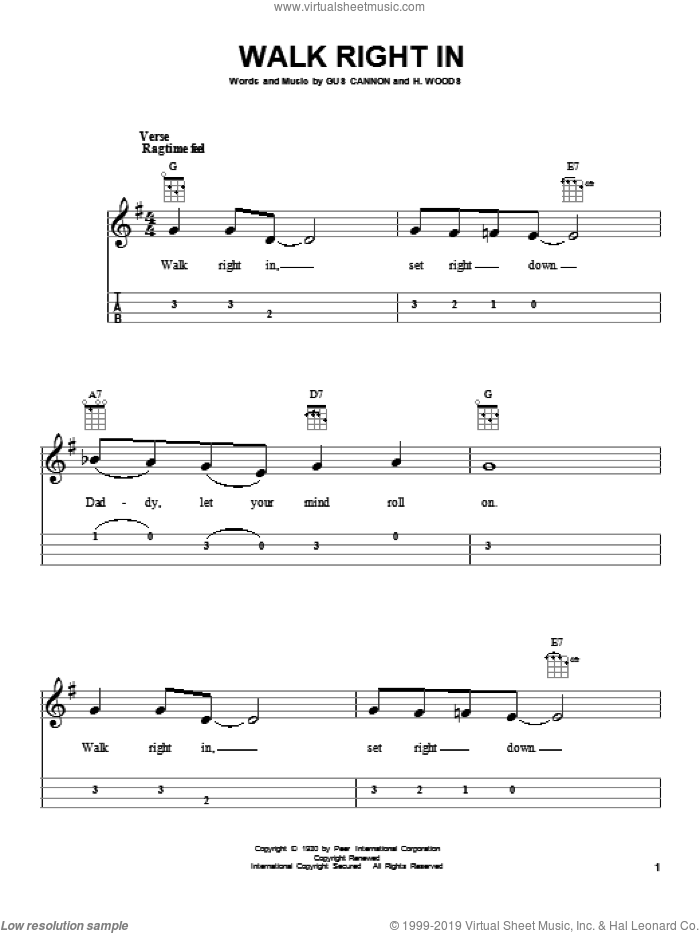 Walk Right In sheet music for ukulele (easy tablature) (ukulele easy tab) by The Rooftop Singers, intermediate skill level