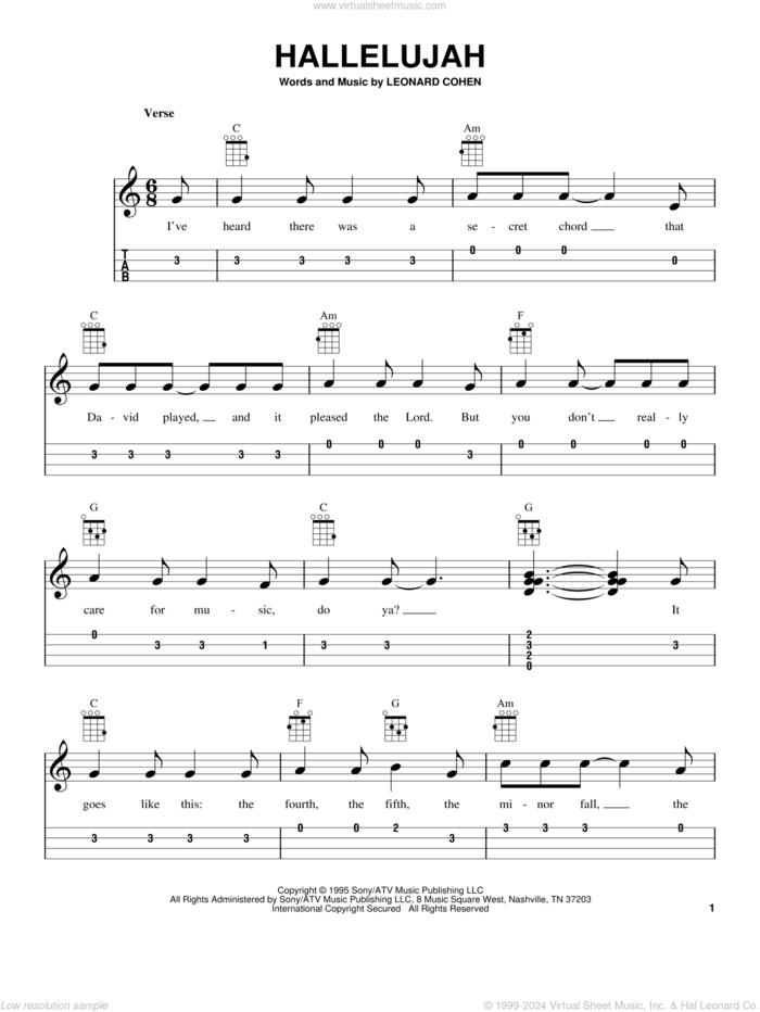 Hallelujah sheet music for ukulele (easy tablature) (ukulele easy tab) by Leonard Cohen, intermediate skill level