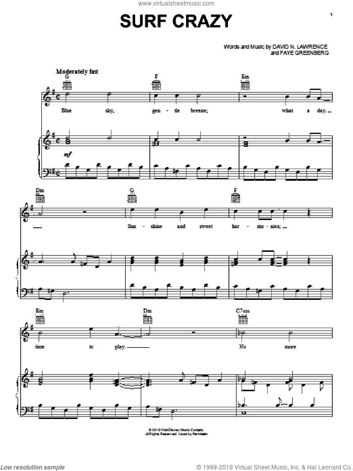 Surf Crazy sheet music for voice, piano or guitar by Spencer Lee and Teen Beach Movie (Movie), intermediate skill level