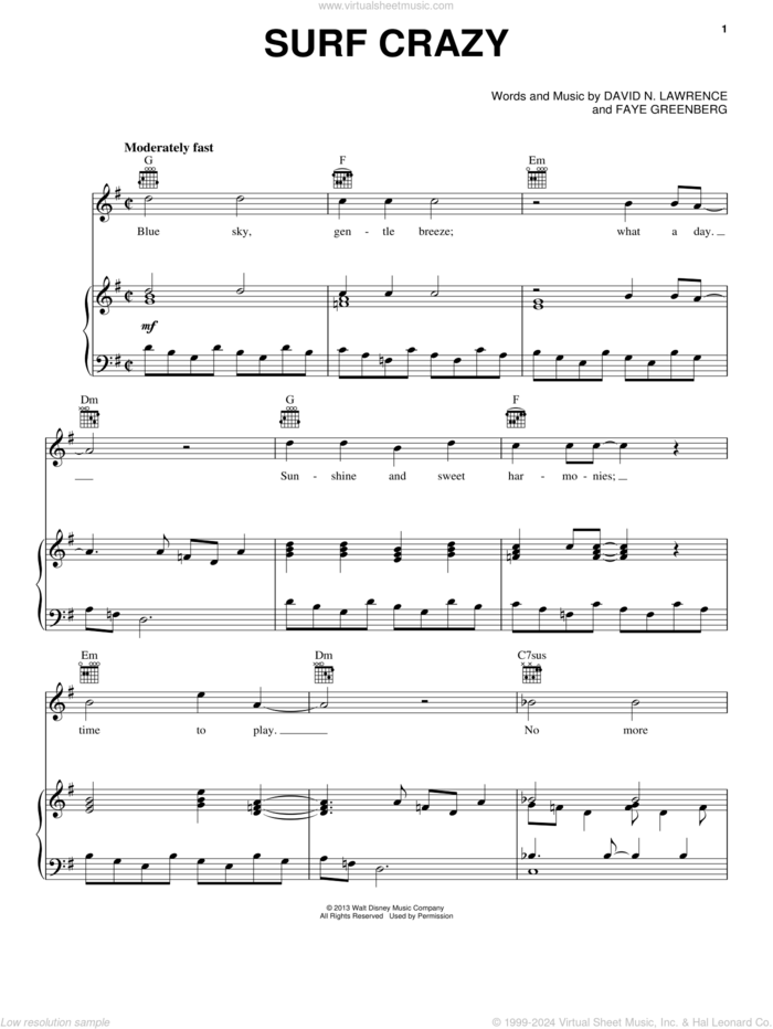 Surf Crazy sheet music for voice, piano or guitar by Spencer Lee and Teen Beach Movie (Movie), intermediate skill level