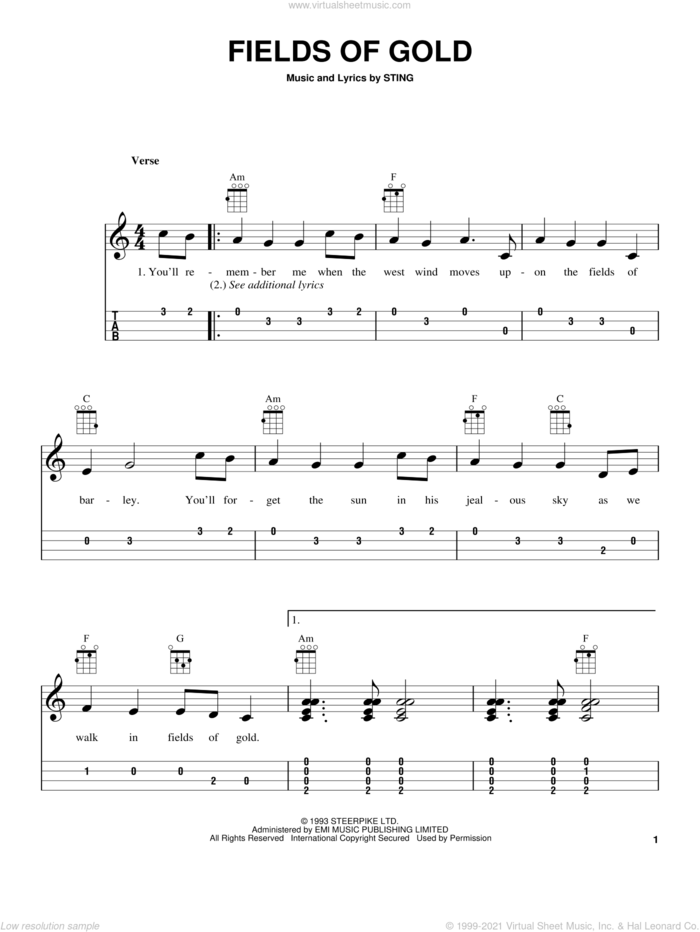 Fields Of Gold sheet music for ukulele (easy tablature) (ukulele easy tab) by Sting, intermediate skill level
