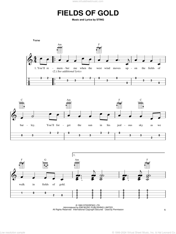 Fields Of Gold sheet music for ukulele (easy tablature) (ukulele easy tab) by Sting, intermediate skill level