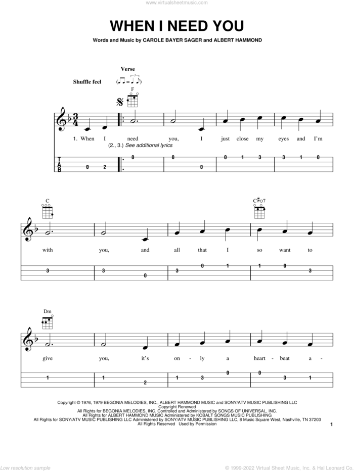 When I Need You sheet music for ukulele (easy tablature) (ukulele easy tab) by Leo Sayer, Albert Hammond and Carole Bayer Sager, intermediate skill level