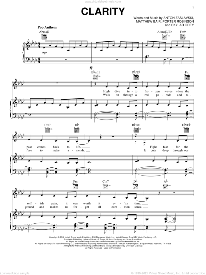 Clarity sheet music for voice, piano or guitar by Zedd, intermediate skill level