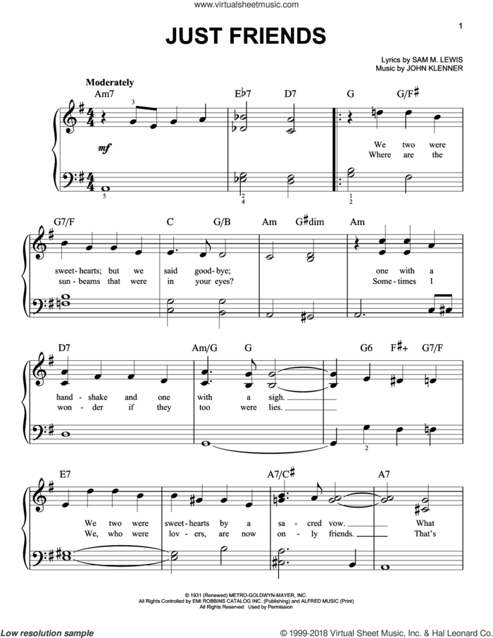 Just Friends sheet music for piano solo by John Klenner and Sam Lewis, beginner skill level