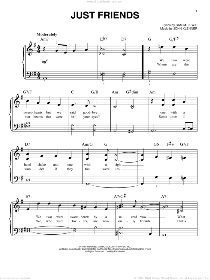 Just Friends sheet music for piano solo by John Klenner and Sam Lewis, beginner skill level