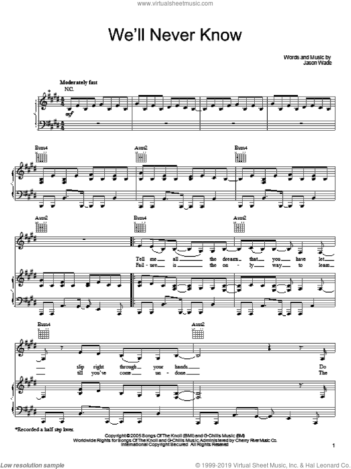 We'll Never Know sheet music for voice, piano or guitar by Lifehouse and Jason Wade, intermediate skill level