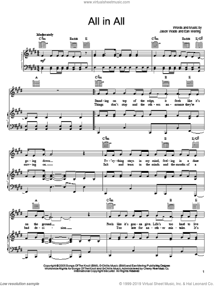 All In All sheet music for voice, piano or guitar by Lifehouse, Ean Mering and Jason Wade, intermediate skill level