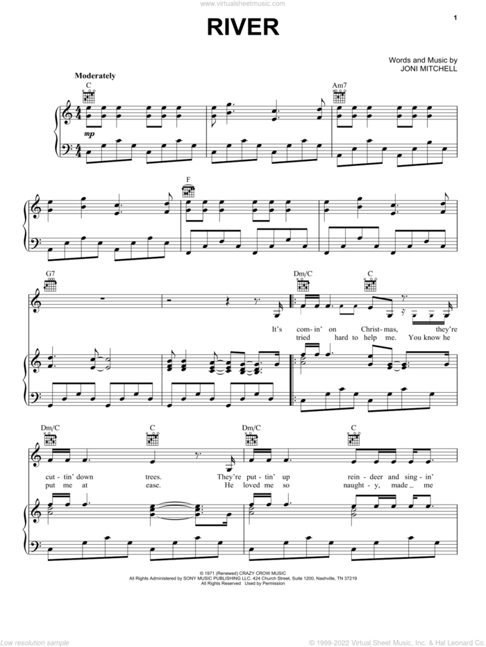 River sheet music for voice, piano or guitar by Joni Mitchell and Linda Ronstadt, intermediate skill level