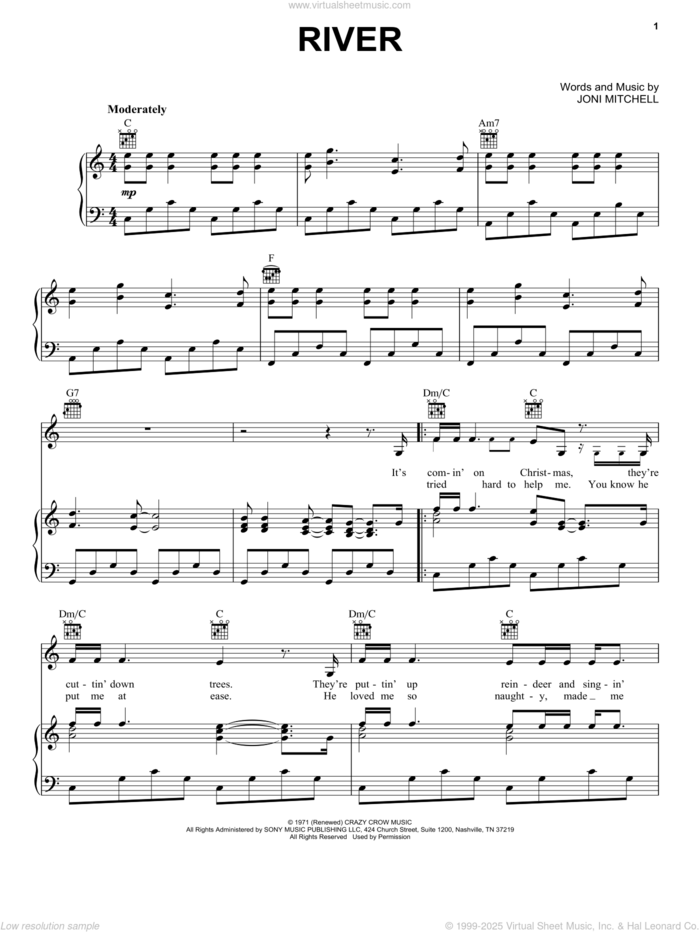 River sheet music for voice, piano or guitar by Joni Mitchell and Linda Ronstadt, intermediate skill level