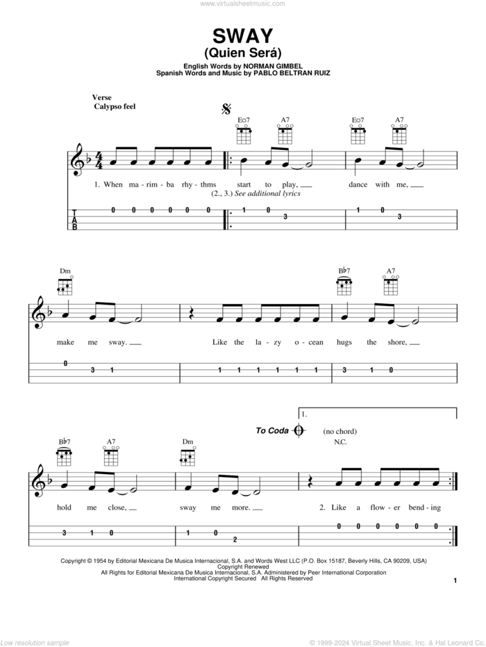 Sway (Quien Sera) sheet music for ukulele (easy tablature) (ukulele easy tab) by Dean Martin, intermediate skill level