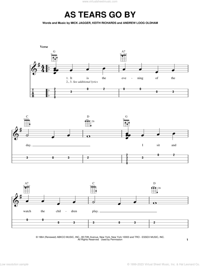 As Tears Go By sheet music for ukulele (easy tablature) (ukulele easy tab) by The Rolling Stones, Keith Richard and Mick Jagger, intermediate skill level