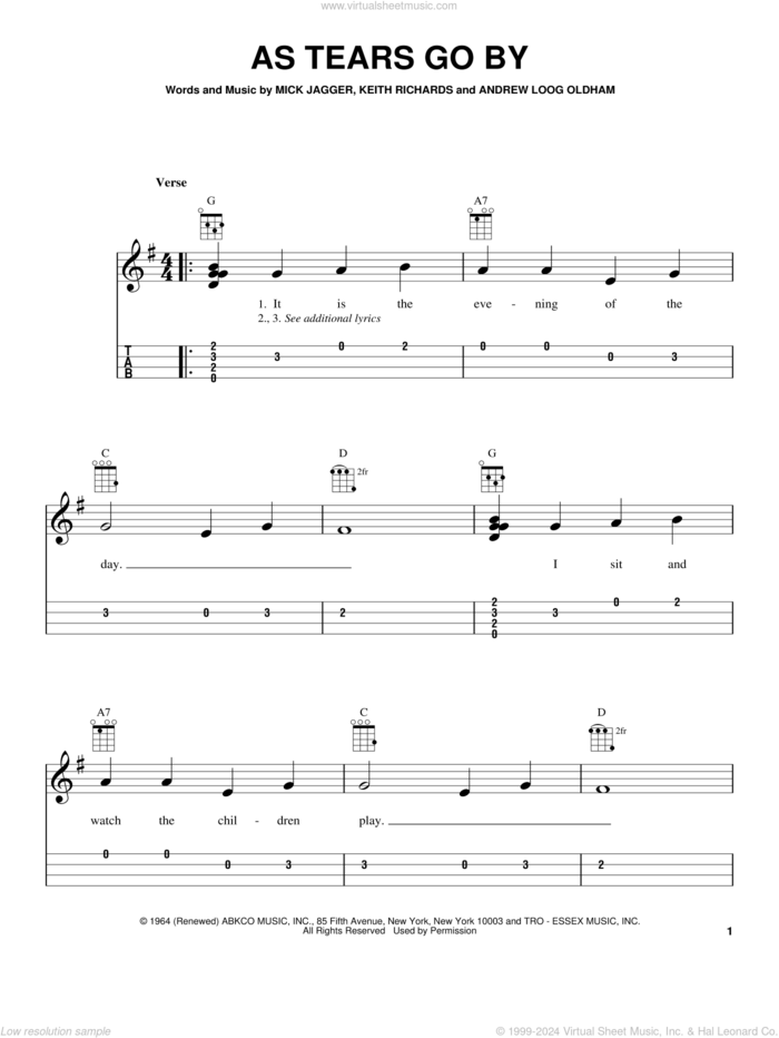 As Tears Go By sheet music for ukulele (easy tablature) (ukulele easy tab) by The Rolling Stones, Keith Richard and Mick Jagger, intermediate skill level