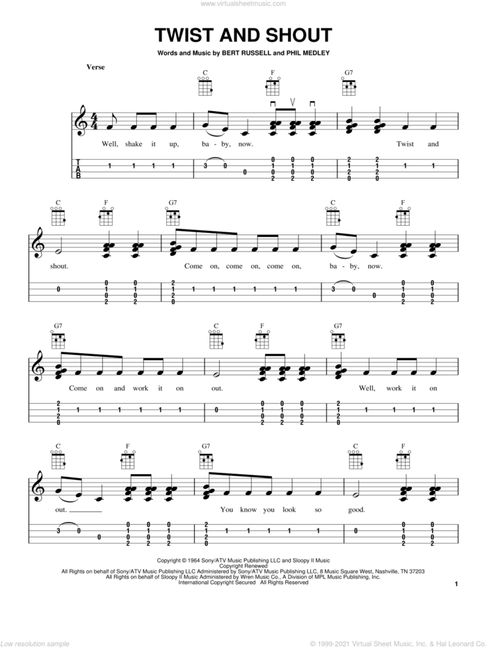Twist And Shout sheet music for ukulele (easy tablature) (ukulele easy tab) by The Beatles and The Isley Brothers, intermediate skill level