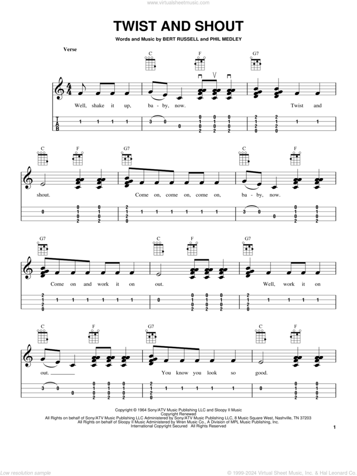 Twist And Shout sheet music for ukulele (easy tablature) (ukulele easy tab) by The Beatles and The Isley Brothers, intermediate skill level