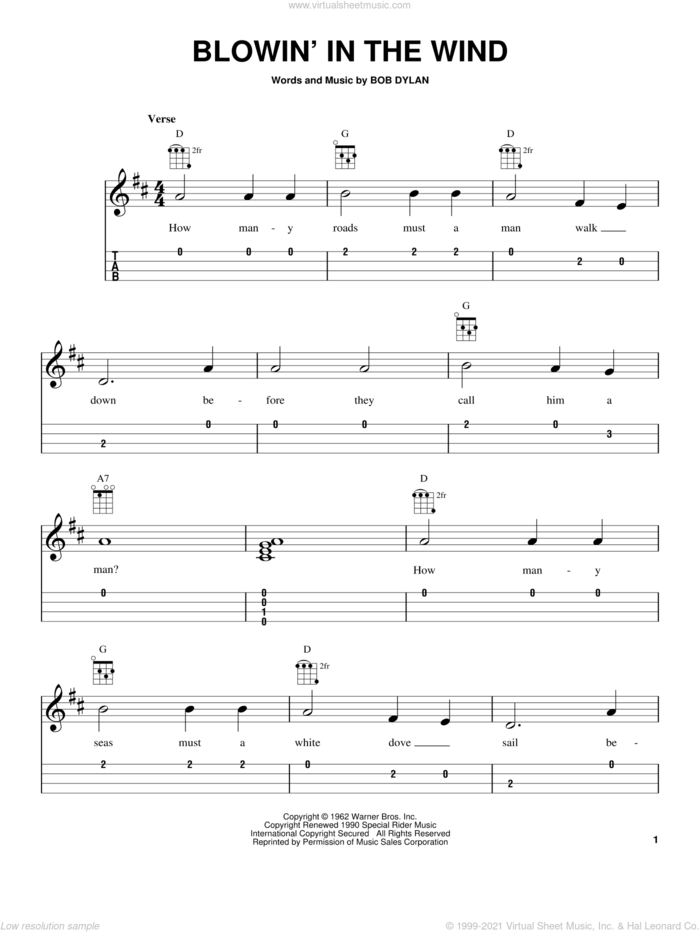 Blowin' In The Wind sheet music for ukulele (easy tablature) (ukulele easy tab) by Bob Dylan, intermediate skill level