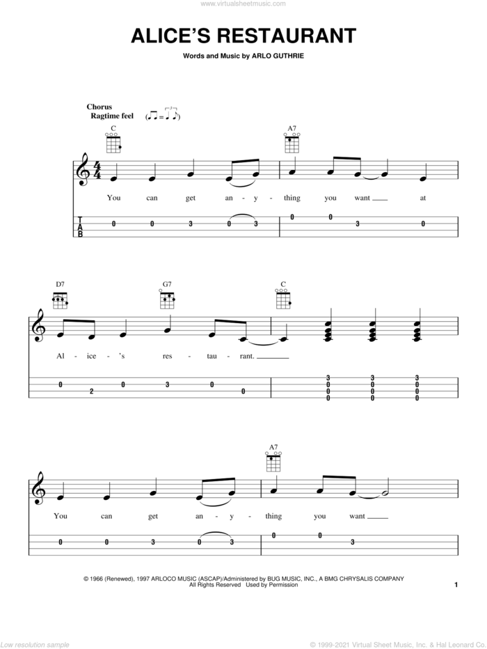 Alice's Restaurant sheet music for ukulele (easy tablature) (ukulele easy tab) by Arlo Guthrie, intermediate skill level