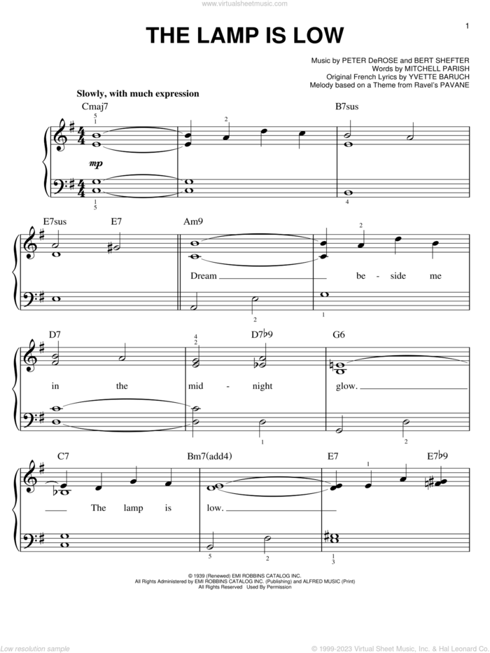 The Lamp Is Low sheet music for piano solo by Mitchell Parish, Bert Shefter, Peter DeRose and Yvette Baruch, easy skill level