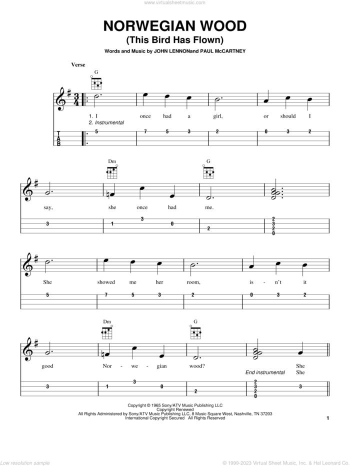 Norwegian Wood (This Bird Has Flown) sheet music for ukulele (easy tablature) (ukulele easy tab) by The Beatles, John Lennon and Paul McCartney, intermediate skill level