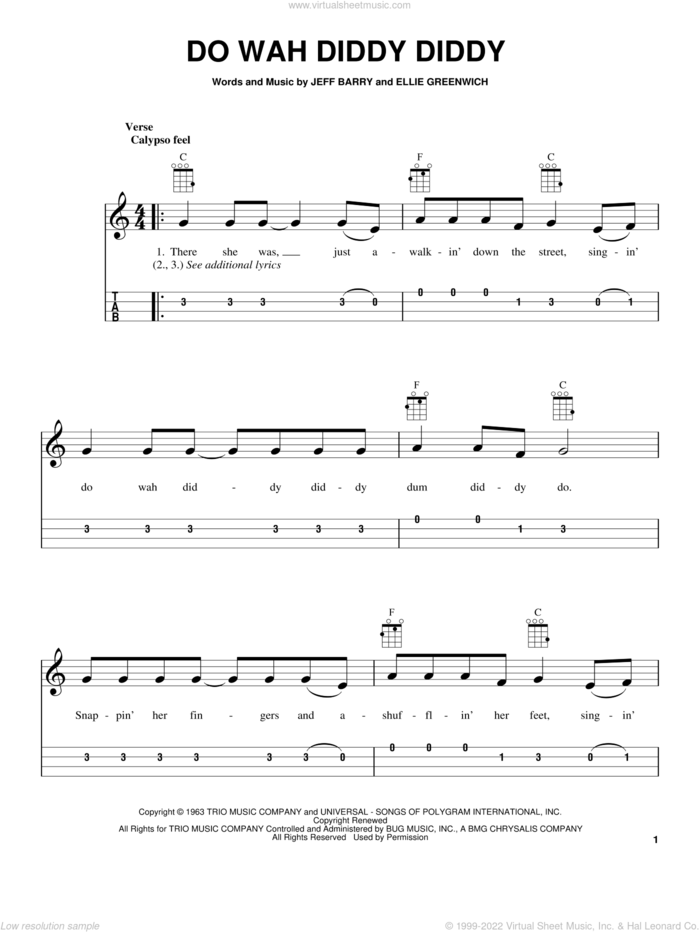 Do Wah Diddy Diddy sheet music for ukulele (easy tablature) (ukulele easy tab) by Ellie Greenwich, Jeff Barry and Manfred Mann, intermediate skill level