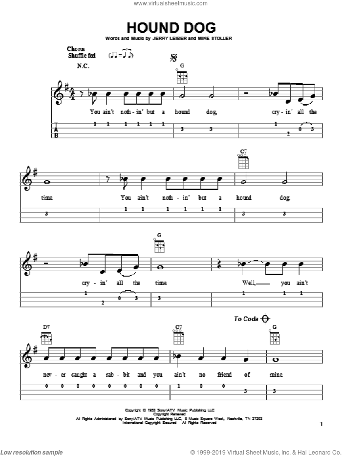 Hound Dog sheet music for ukulele (easy tablature) (ukulele easy tab) by Elvis Presley, intermediate skill level