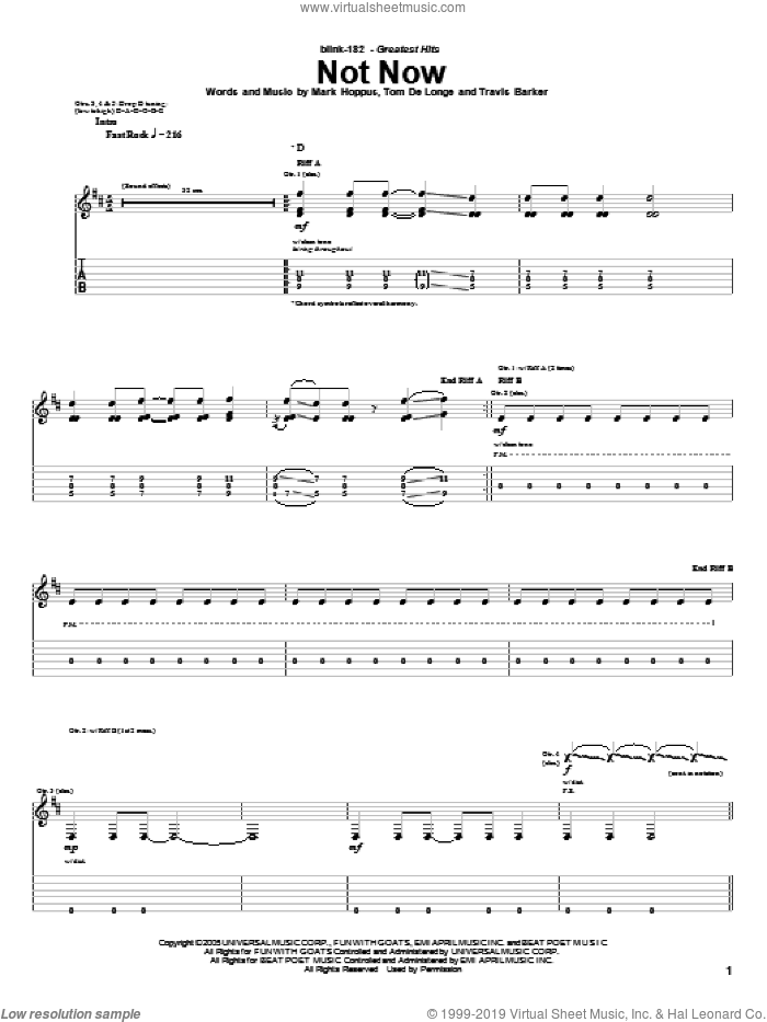 Not Now sheet music for guitar (tablature) by Blink-182, Mark Hoppus, Tom DeLonge and Travis Barker, intermediate skill level