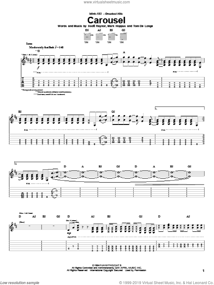 Carousel sheet music for guitar (tablature) by Blink-182, Mark Hoppus, Scott Raynor and Tom DeLonge, intermediate skill level