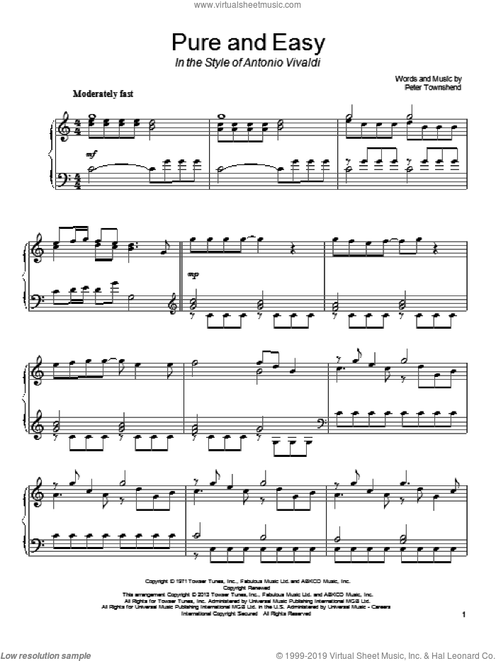 Pure And Easy (in the style of Antonio Vivaldi) sheet music for piano solo by The Who and Pete Townshend, intermediate skill level