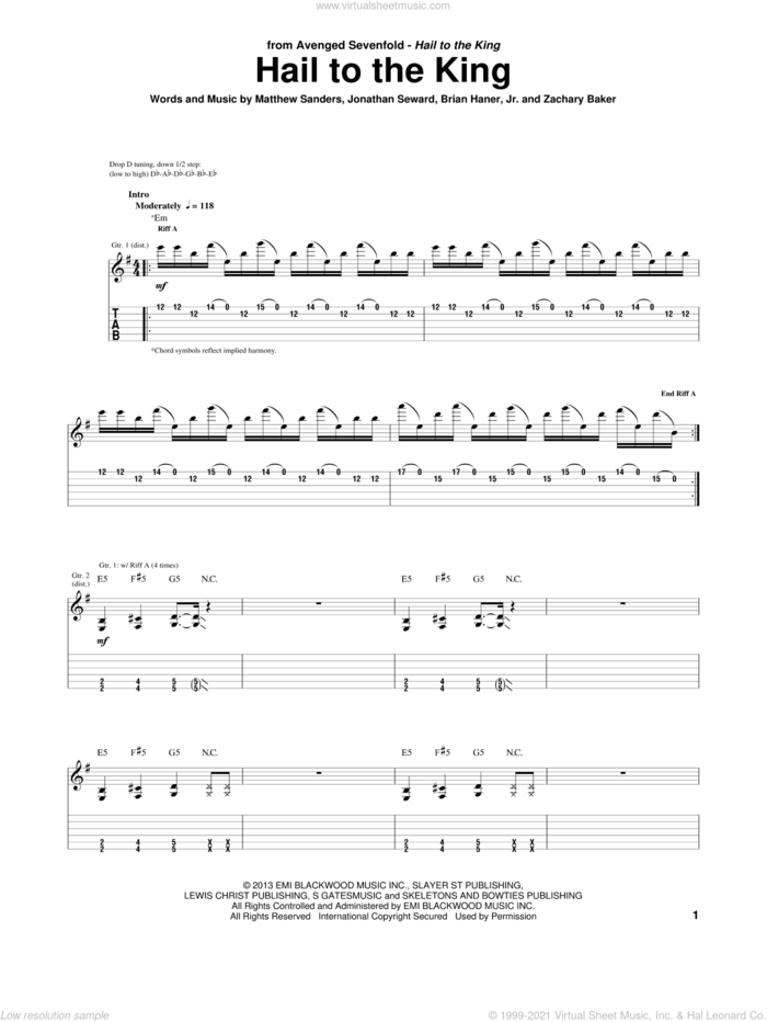 Hail To The King sheet music for guitar (tablature) by Avenged Sevenfold, intermediate skill level