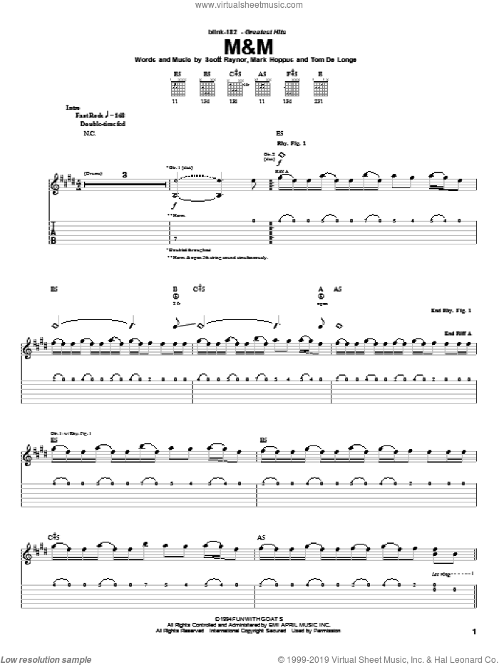 M&M sheet music for guitar (tablature) by Blink-182, Mark Hoppus, Scott Raynor and Tom DeLonge, intermediate skill level
