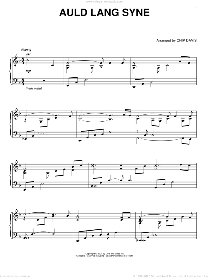 Auld Lang Syne sheet music for piano solo by Mannheim Steamroller and Chip Davis, intermediate skill level