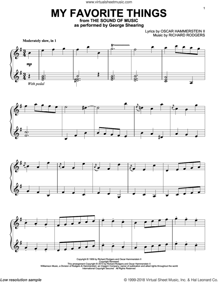 My Favorite Things sheet music for piano solo by Rodgers & Hammerstein, Oscar II Hammerstein and Richard Rodgers, intermediate skill level