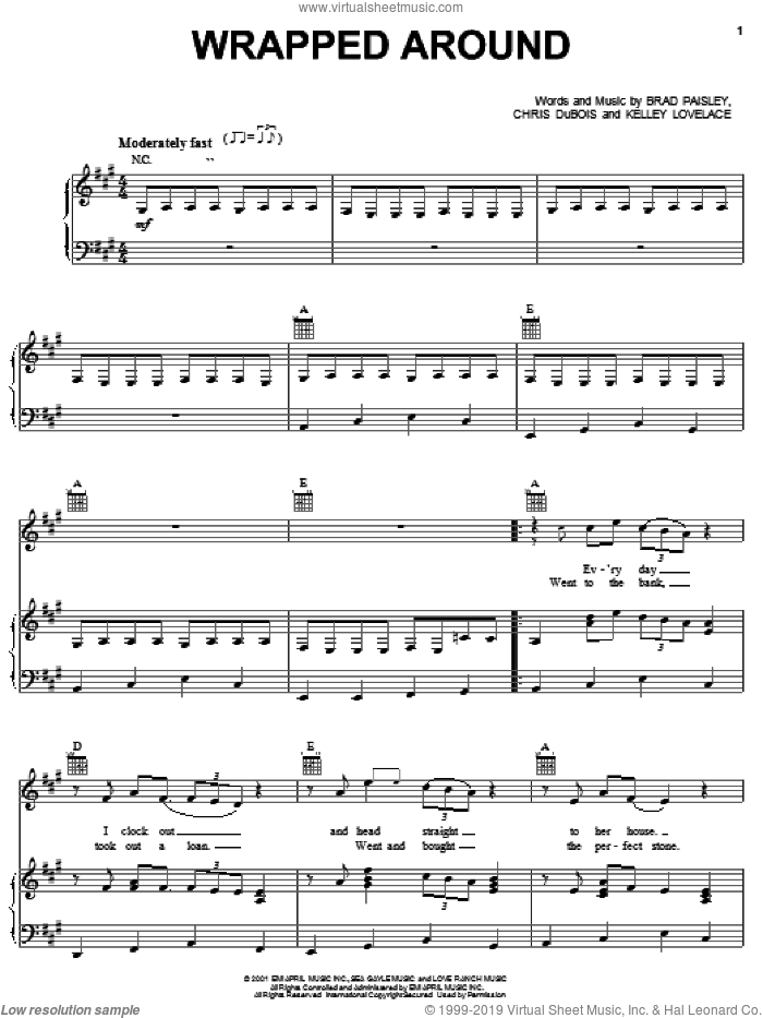 Wrapped Around sheet music for voice, piano or guitar by Brad Paisley, Chris DuBois and Kelley Lovelace, intermediate skill level