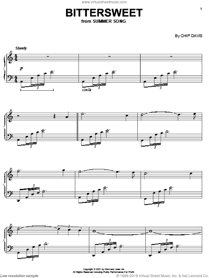 Bittersweet sheet music for piano solo by Mannheim Steamroller and Chip Davis, intermediate skill level