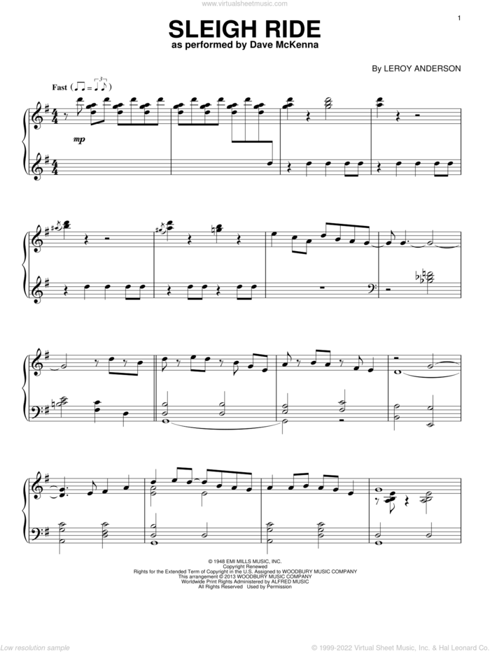 Sleigh Ride, (intermediate) sheet music for piano solo by Leroy Anderson and Mitchell Parish, intermediate skill level