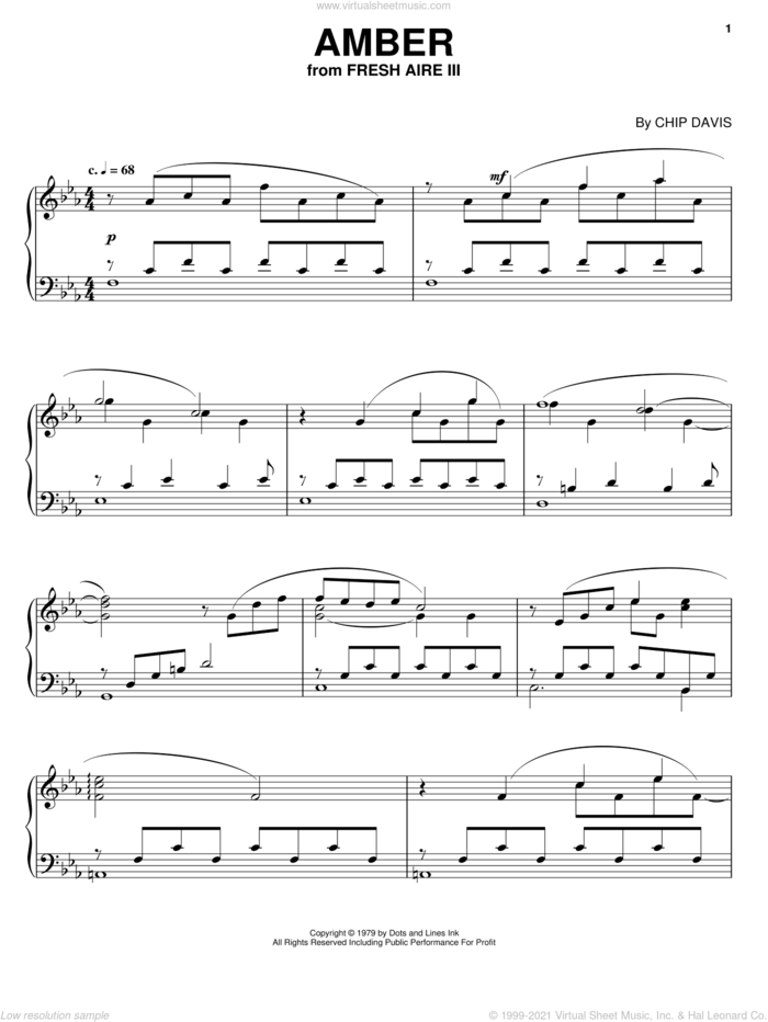 Amber sheet music for piano solo by Mannheim Steamroller and Chip Davis, intermediate skill level