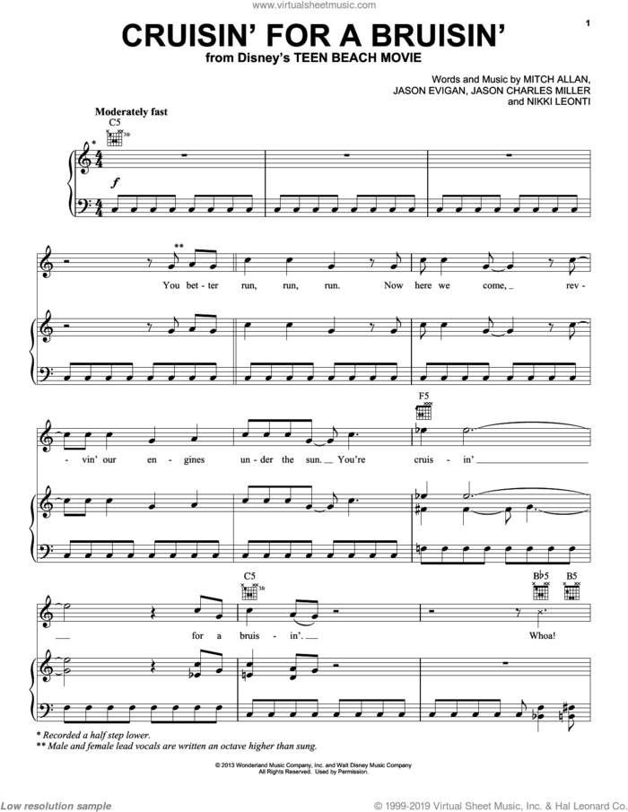 Cruisin' For A Bruisin' sheet music for voice, piano or guitar by Ross Lynch and Teen Beach Movie (Movie), intermediate skill level