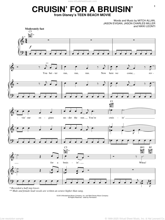 Cruisin' For A Bruisin' sheet music for voice, piano or guitar by Ross Lynch and Teen Beach Movie (Movie), intermediate skill level