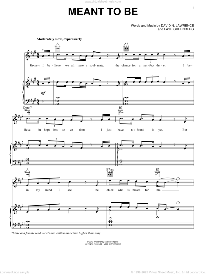 Meant To Be sheet music for voice, piano or guitar by Spencer Lee and Teen Beach Movie (Movie), intermediate skill level