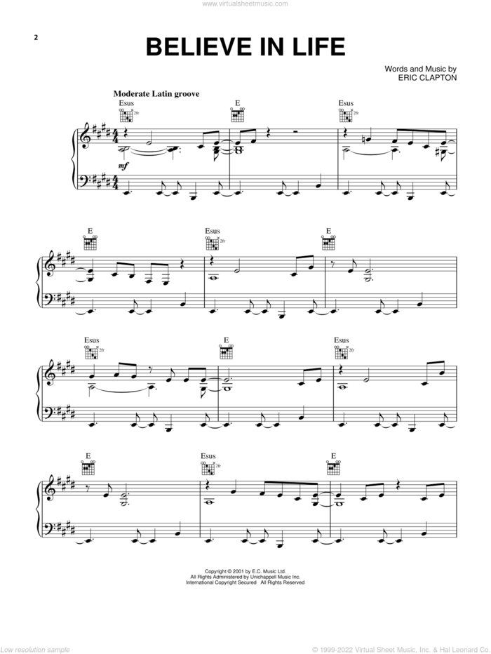 Believe In Life sheet music for voice, piano or guitar by Eric Clapton, intermediate skill level