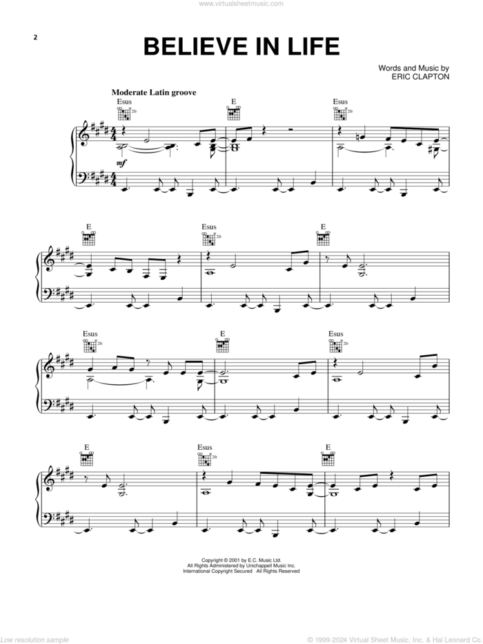 Believe In Life sheet music for voice, piano or guitar by Eric Clapton, intermediate skill level