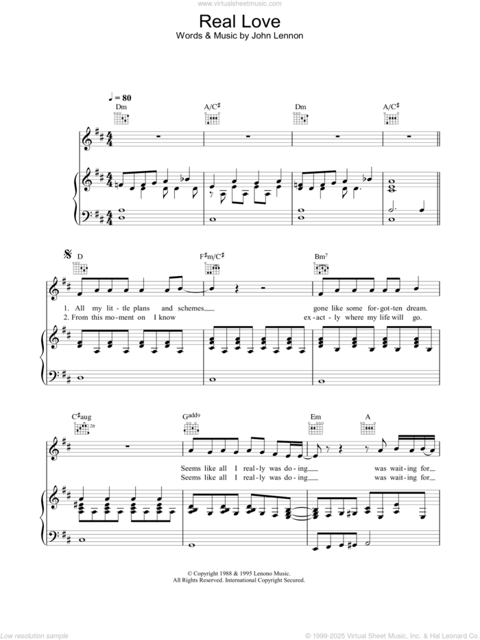 Real Love sheet music for voice, piano or guitar by The Beatles and John Lennon, intermediate skill level