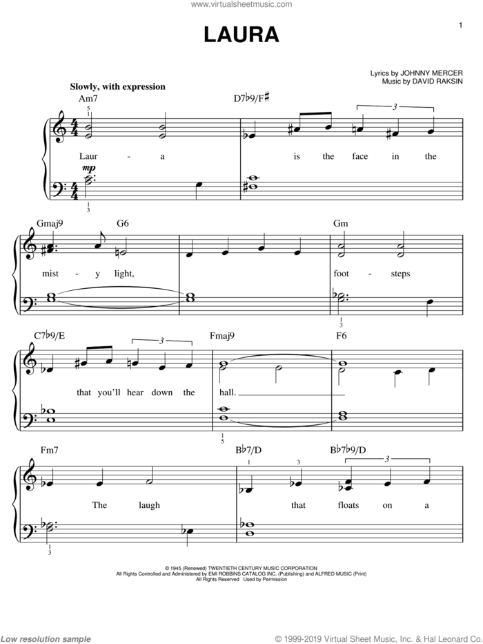 Laura, (easy) sheet music for piano solo by David Raksin and Johnny Mercer, easy skill level