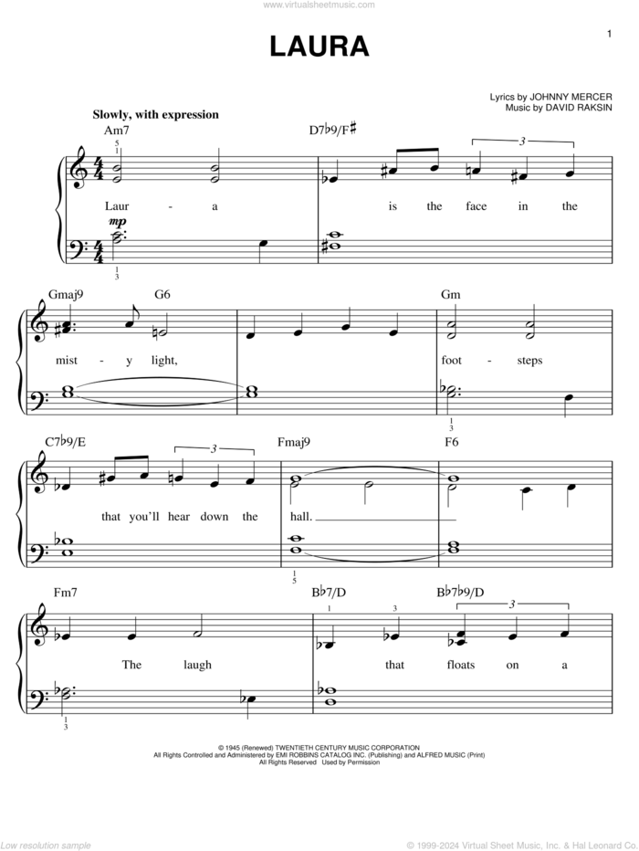 Laura, (easy) sheet music for piano solo by David Raksin and Johnny Mercer, easy skill level