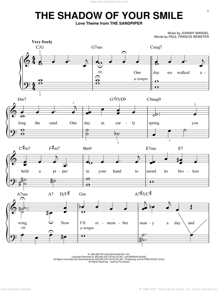 The Shadow Of Your Smile, (easy) sheet music for piano solo by Johnny Mandel and Paul Francis Webster, easy skill level