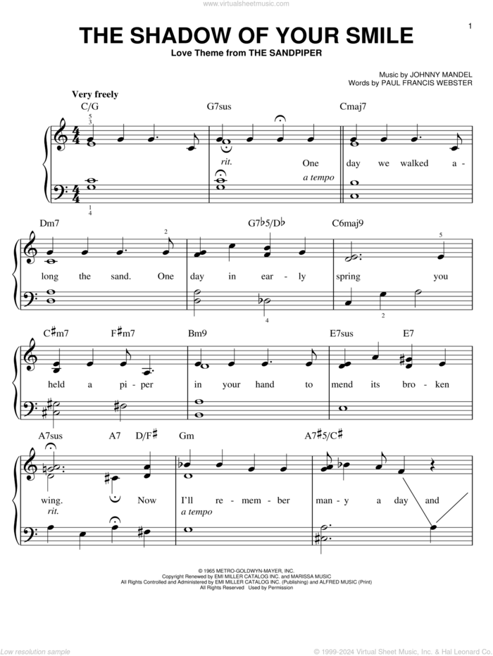 The Shadow Of Your Smile, (easy) sheet music for piano solo by Johnny Mandel and Paul Francis Webster, easy skill level